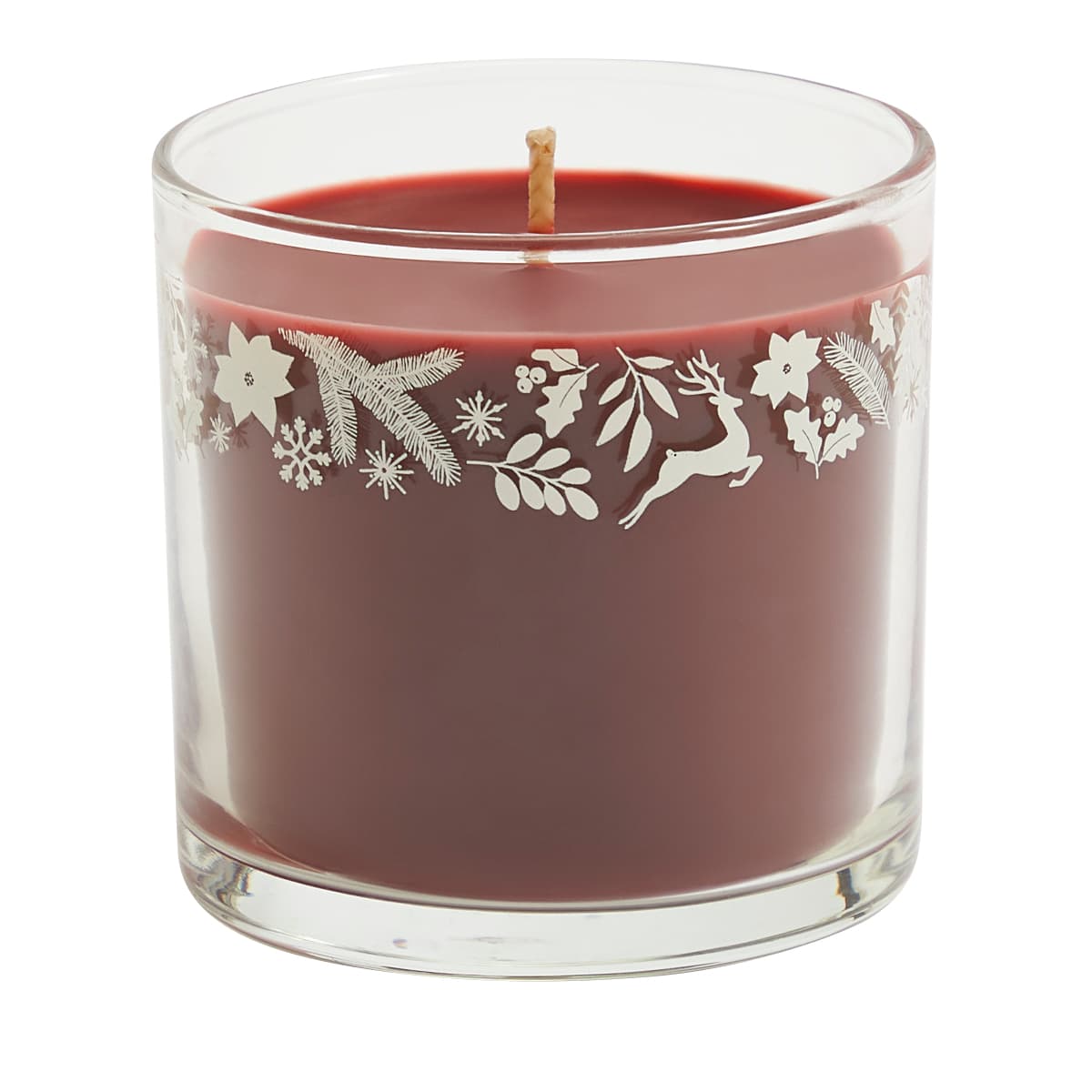Bourbon Cherry Mini Jar Candle, in a clear glass with red wax with white garlands and deer's decorating the top of the jar.