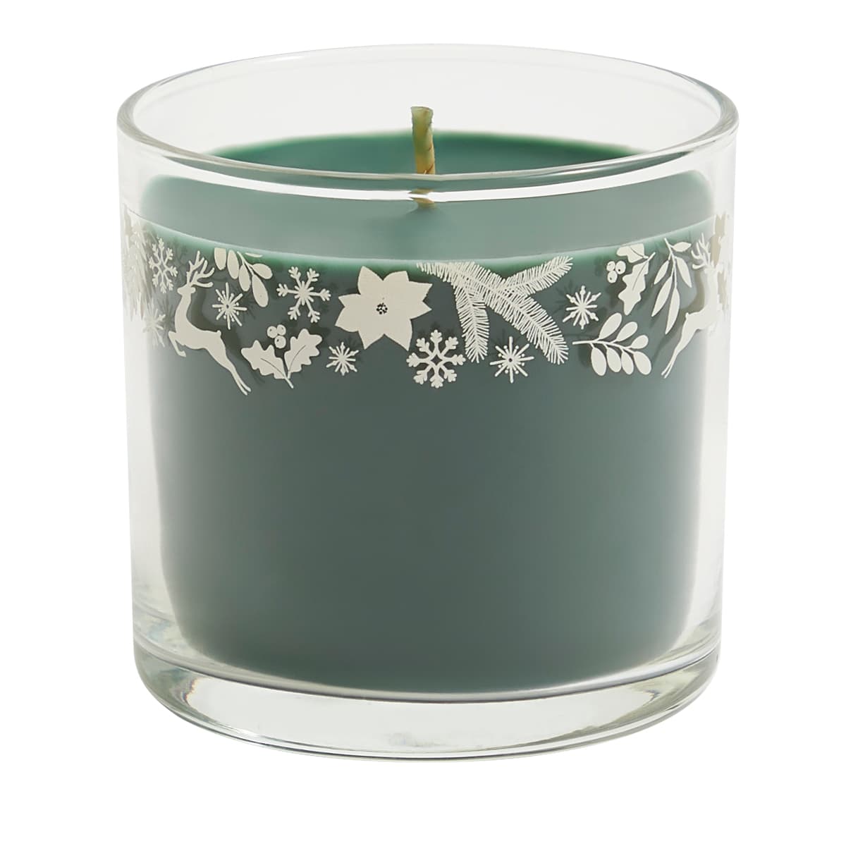 Highland Pine Mini Jar Candle green wax in a clear jar with white garlands decorating the top of the glass.