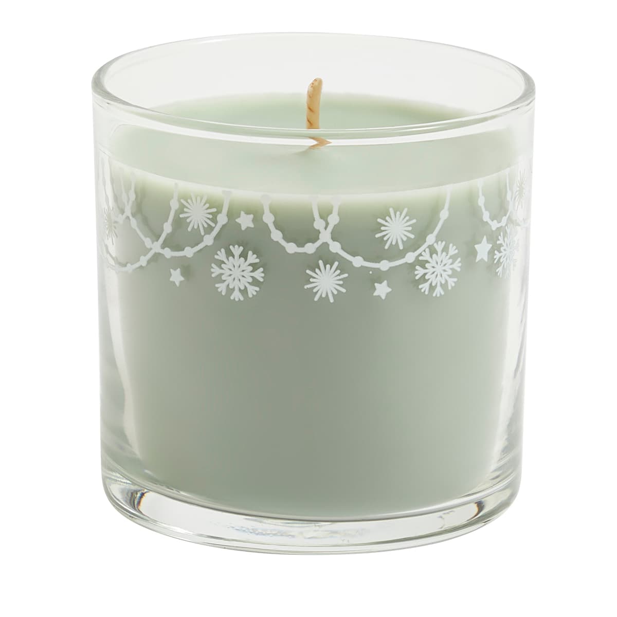 Winter Morning Mini Jar Candle pale green with holiday garlands decorating the top of the glass jar.