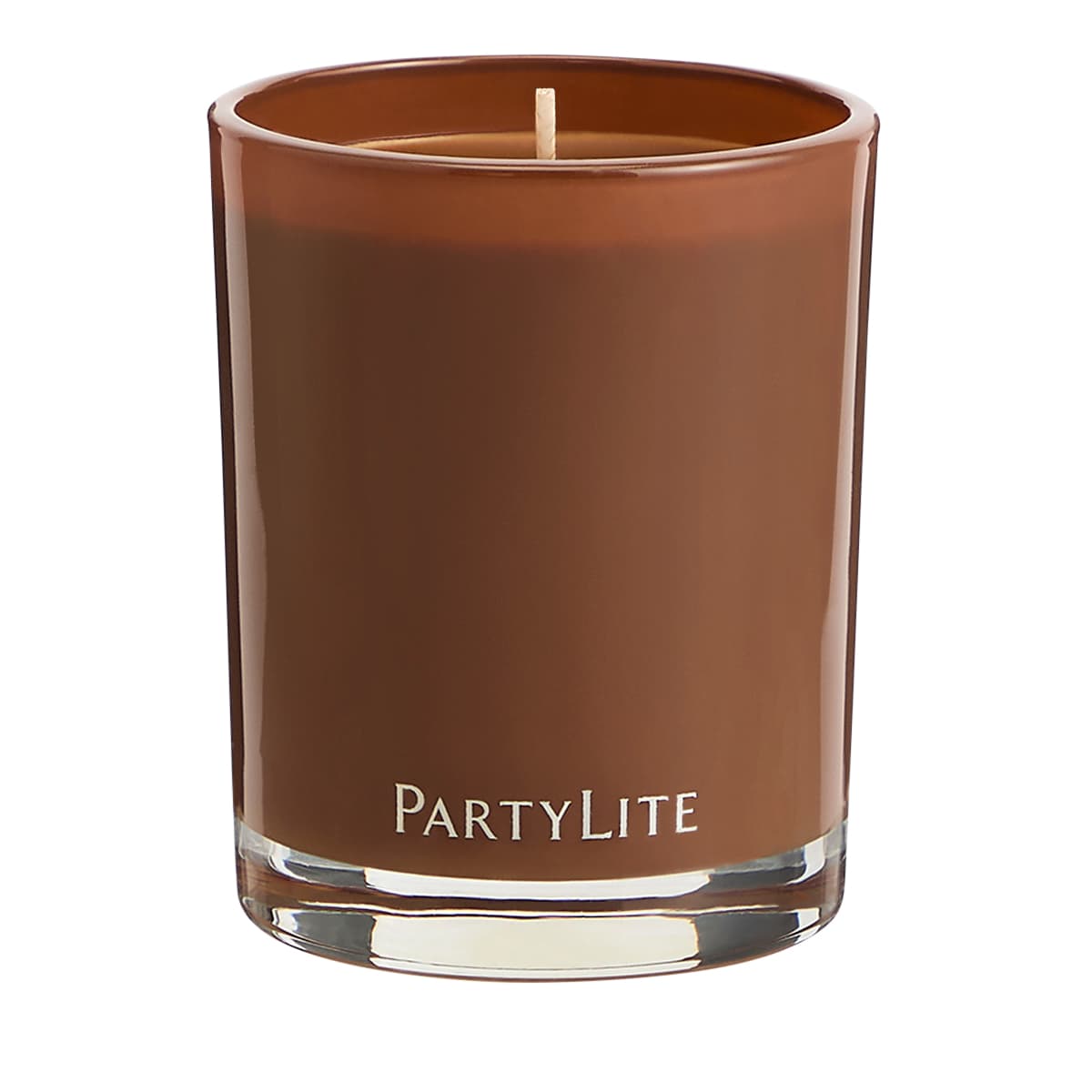 Maplewood & Oakmoss Escential Jar Candle in a brown colored glass against a white background.