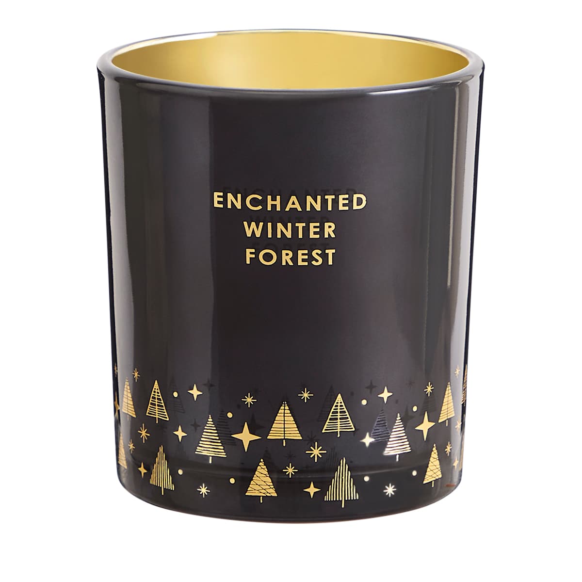 A black jar candle with gold inner lid, decorated with a pattern of golden trees and stars, Enchanted Winter Forest-Winter Nights.