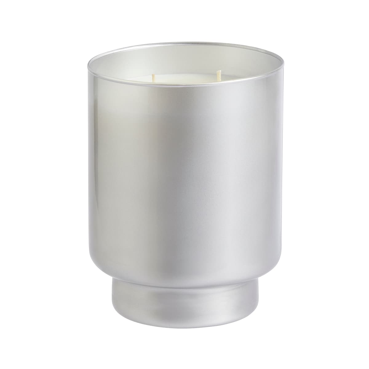 Snowflakes & Cotton 2-Wick Specialty Jar Candle in a frosted silver jar against a white background.