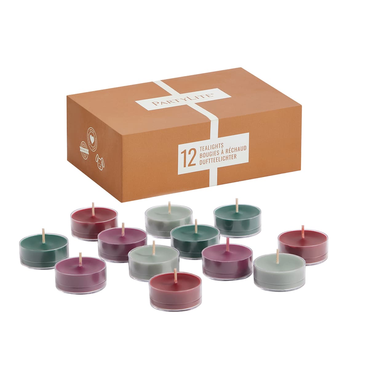 Festive Folklore 12-Piece Tealight Sampler, colorful tealights beside the tealight box against a white background.