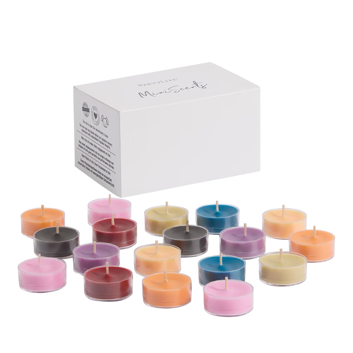 Mood MiniScents 18-Piece Tealight Sampler colorful tealights from the Mood Collection fragrances.