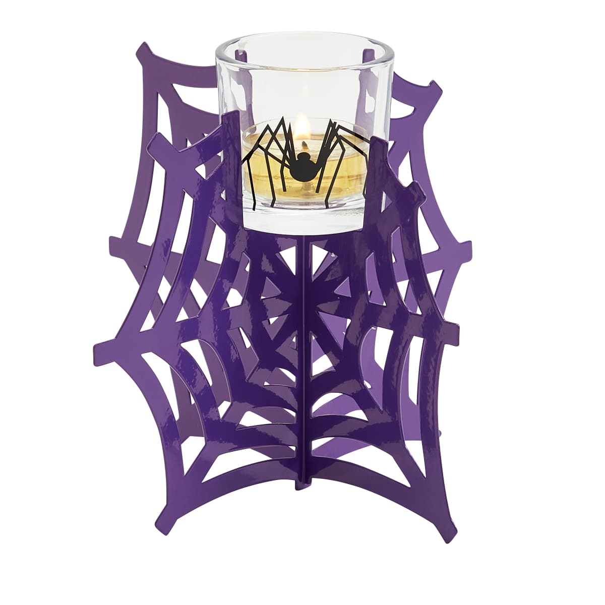 A purple, three-dimensional web-shaped tealight/votive holder with a glass cup and a silhouette of a spider inside.