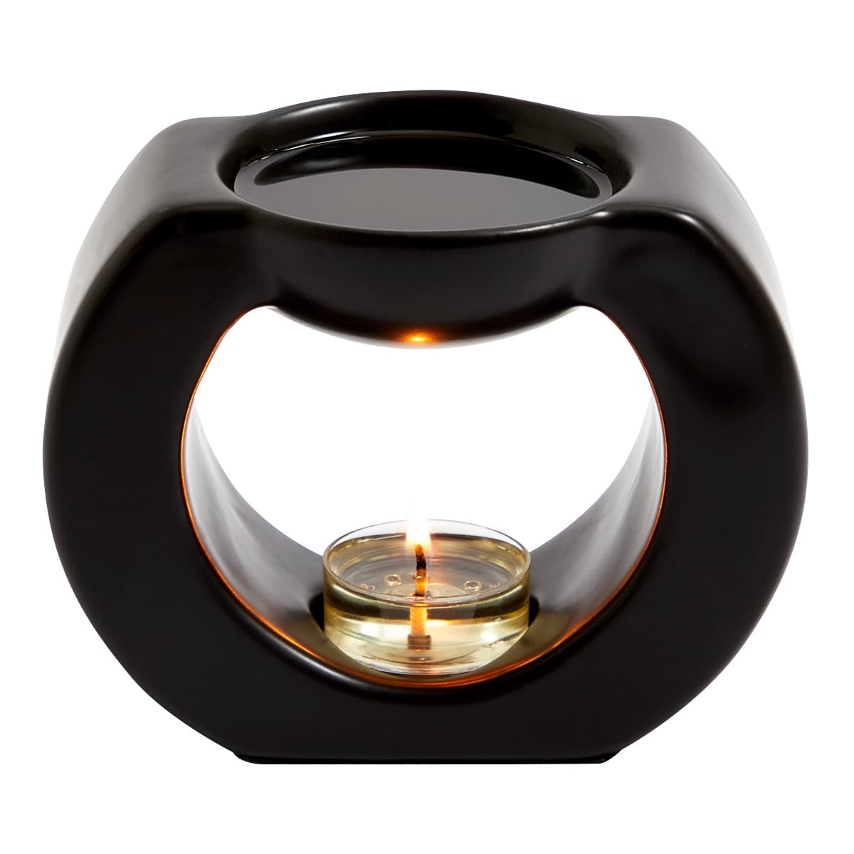 Black Gaia Fragrance Warmer with a lit tealight against a white background.