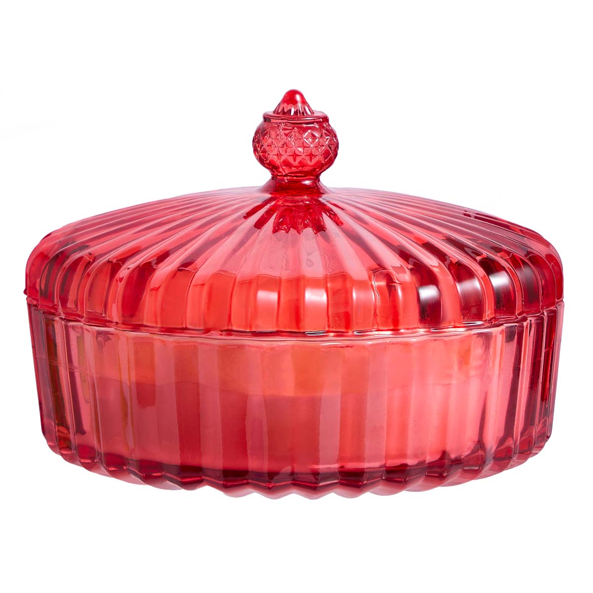 Garden Beauty Specialty Jar - Garden Party red glass jar with the lid on against a white background.