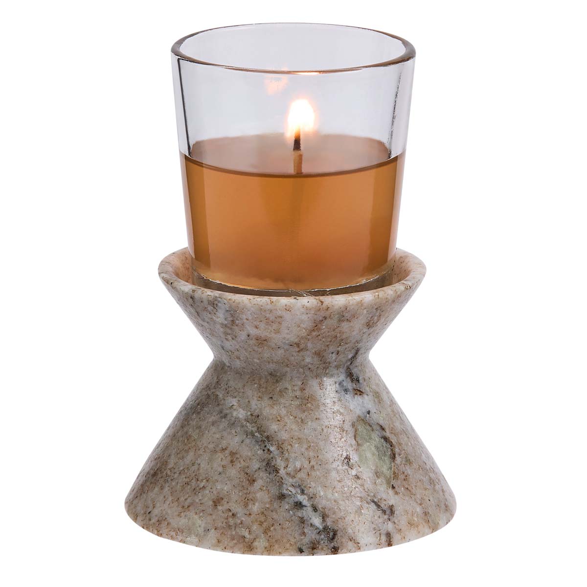Unity Stone Candle Holder shown with a lit votive against a white background.