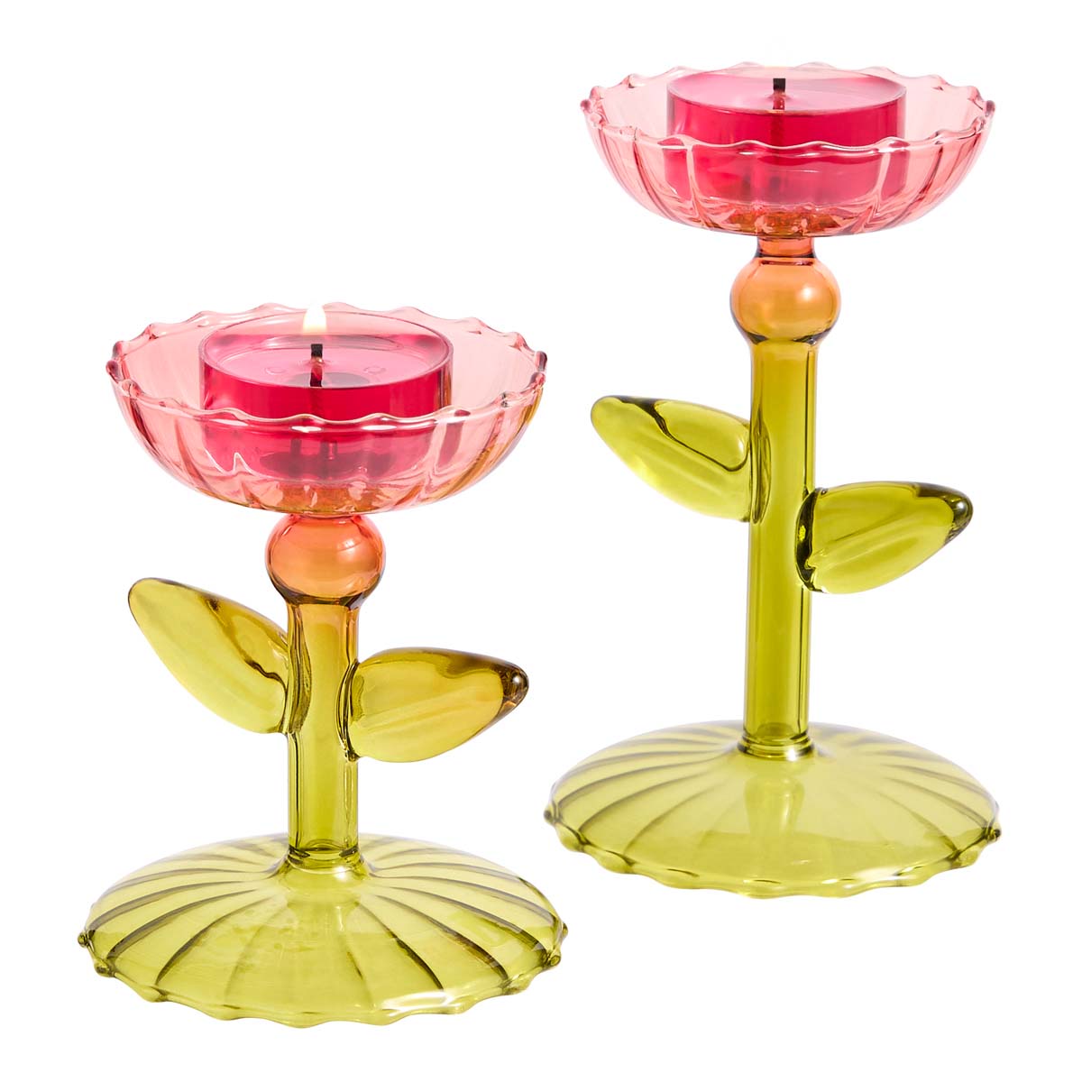 Dainty Flowers Tealight Holder Pair with lit tealights against a white background.