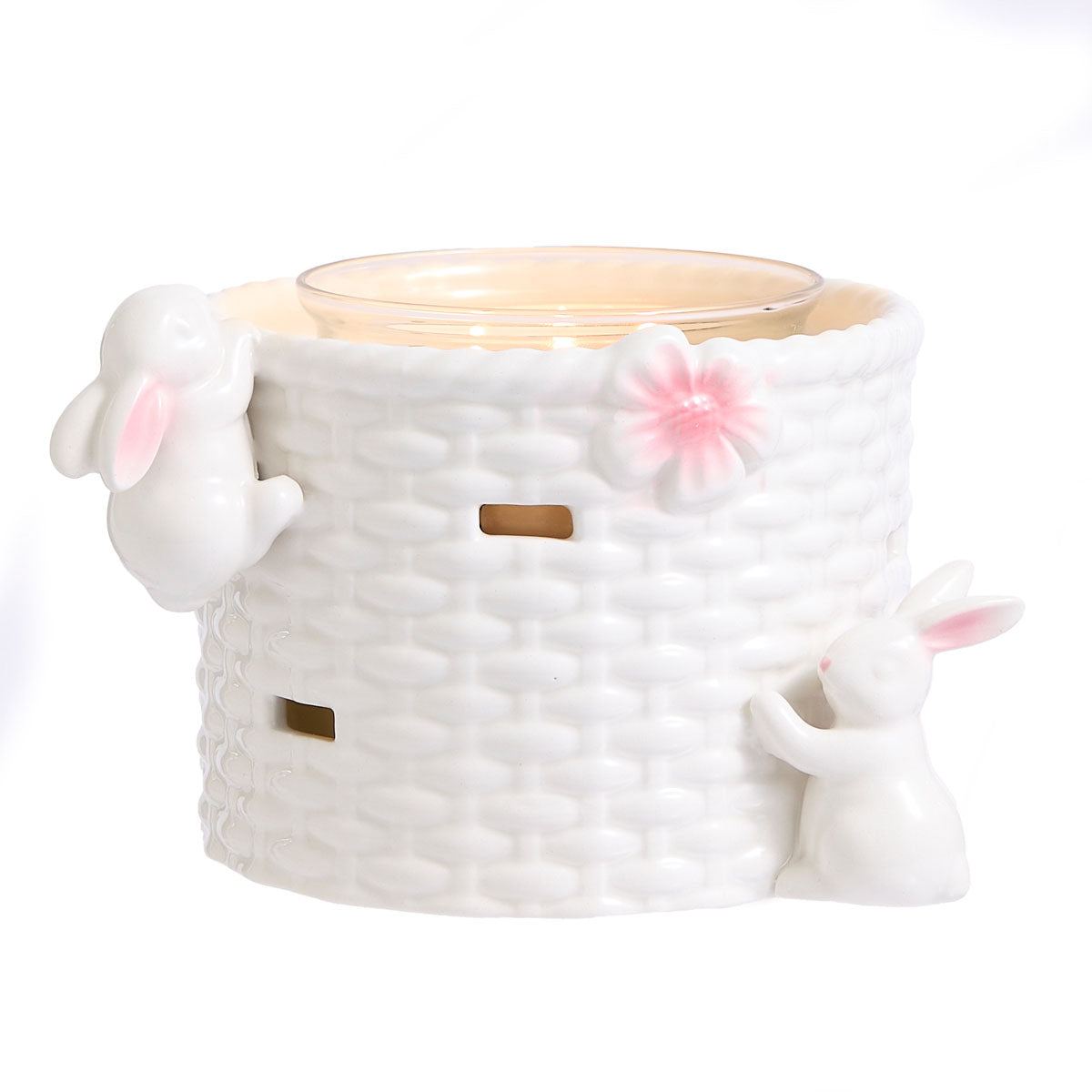 Easter Basket Candle Holder with Bunny Rabbits against a white background.