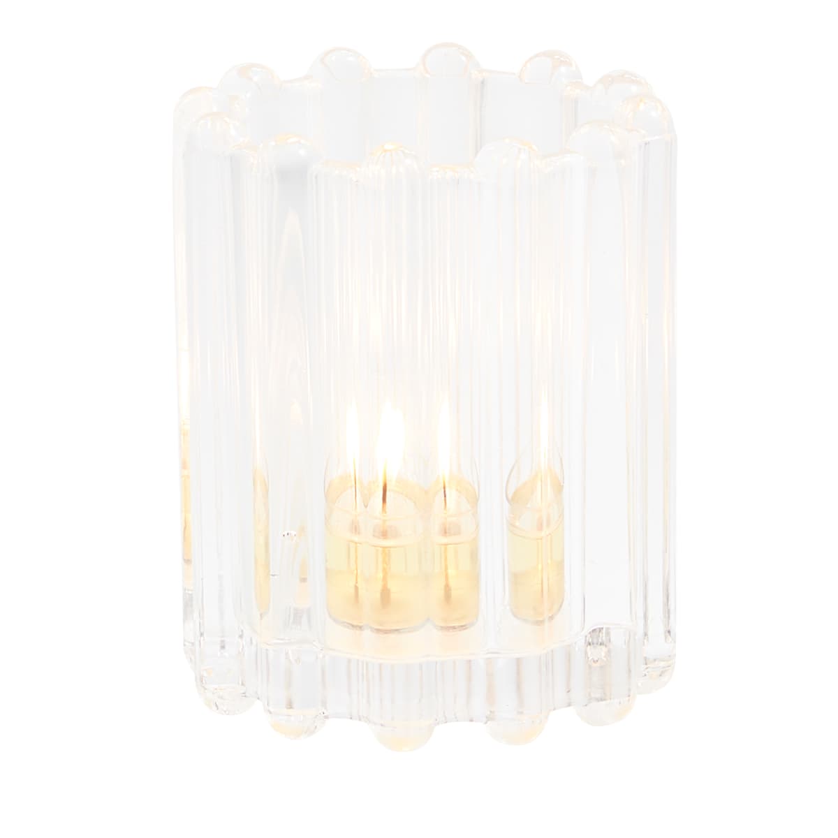 Ripple Glass Tealight/Votive Holder Pair in clear glass shown with a lit tealight against a white background.