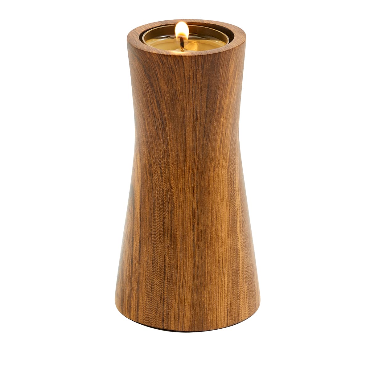 Faux Bois Tealight Holder with a lit tealight candle against a white background.