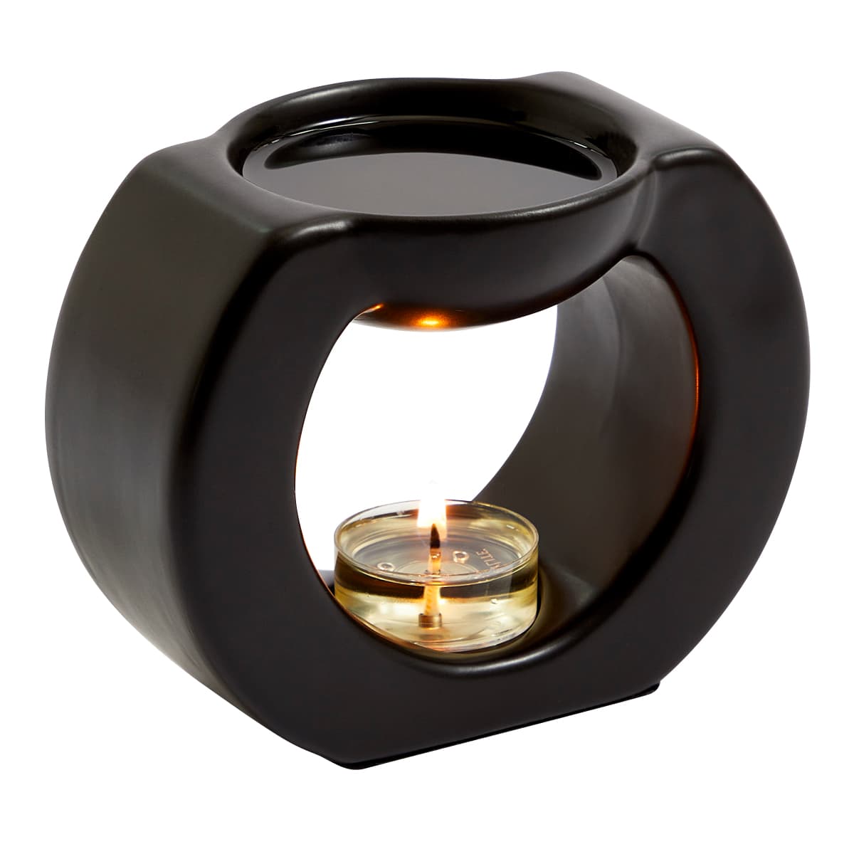 Black Gaia Fragrance Warmer with a lit tealight against a white background.