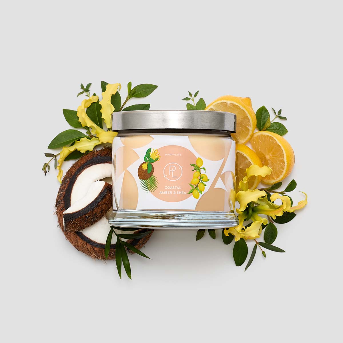 Coastal Amber & Shea 3-wick Jar Candle surrounded by sliced Lemons and flowers on a white background.