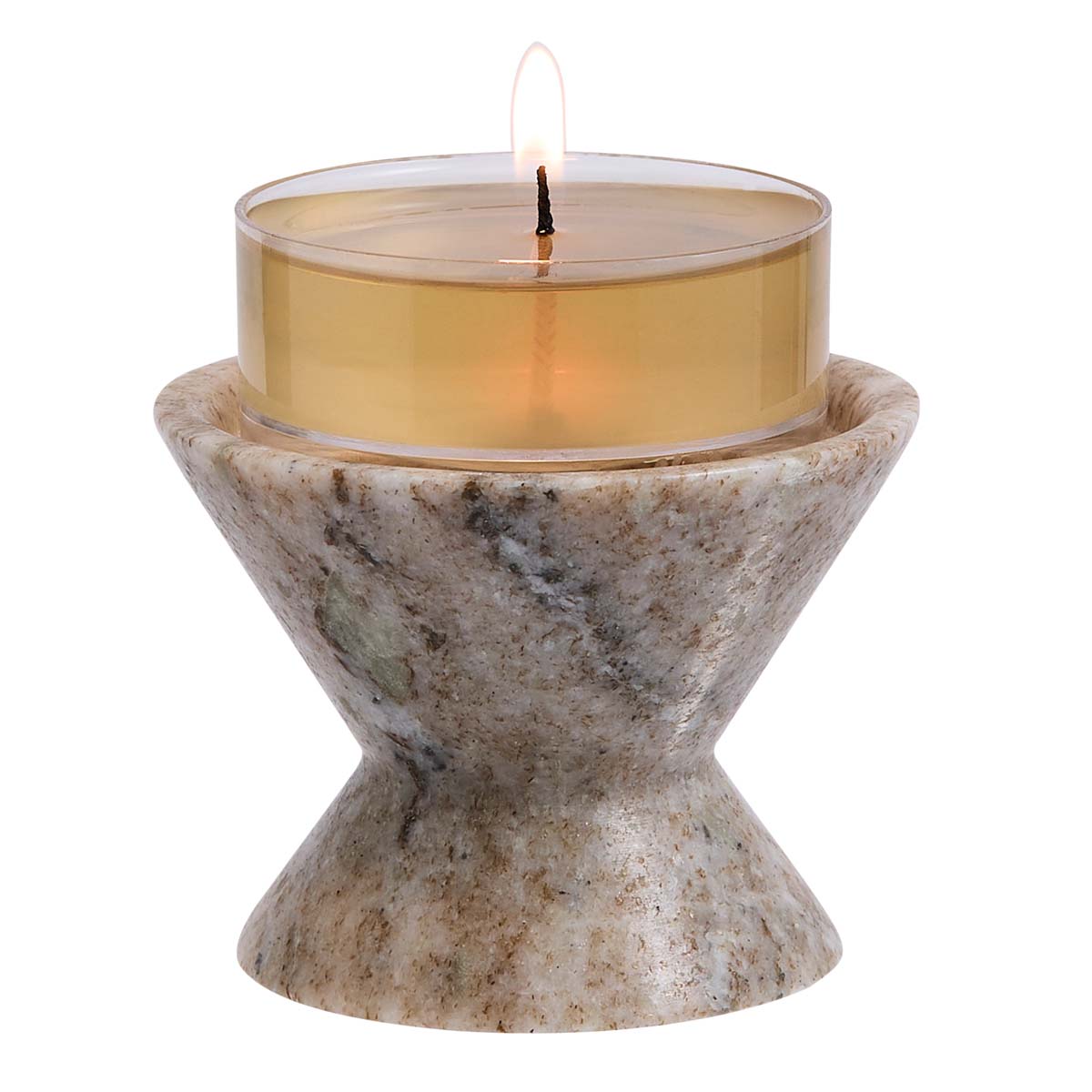 Unity Stone Candle Holder shown with a lit tealight against a white background.