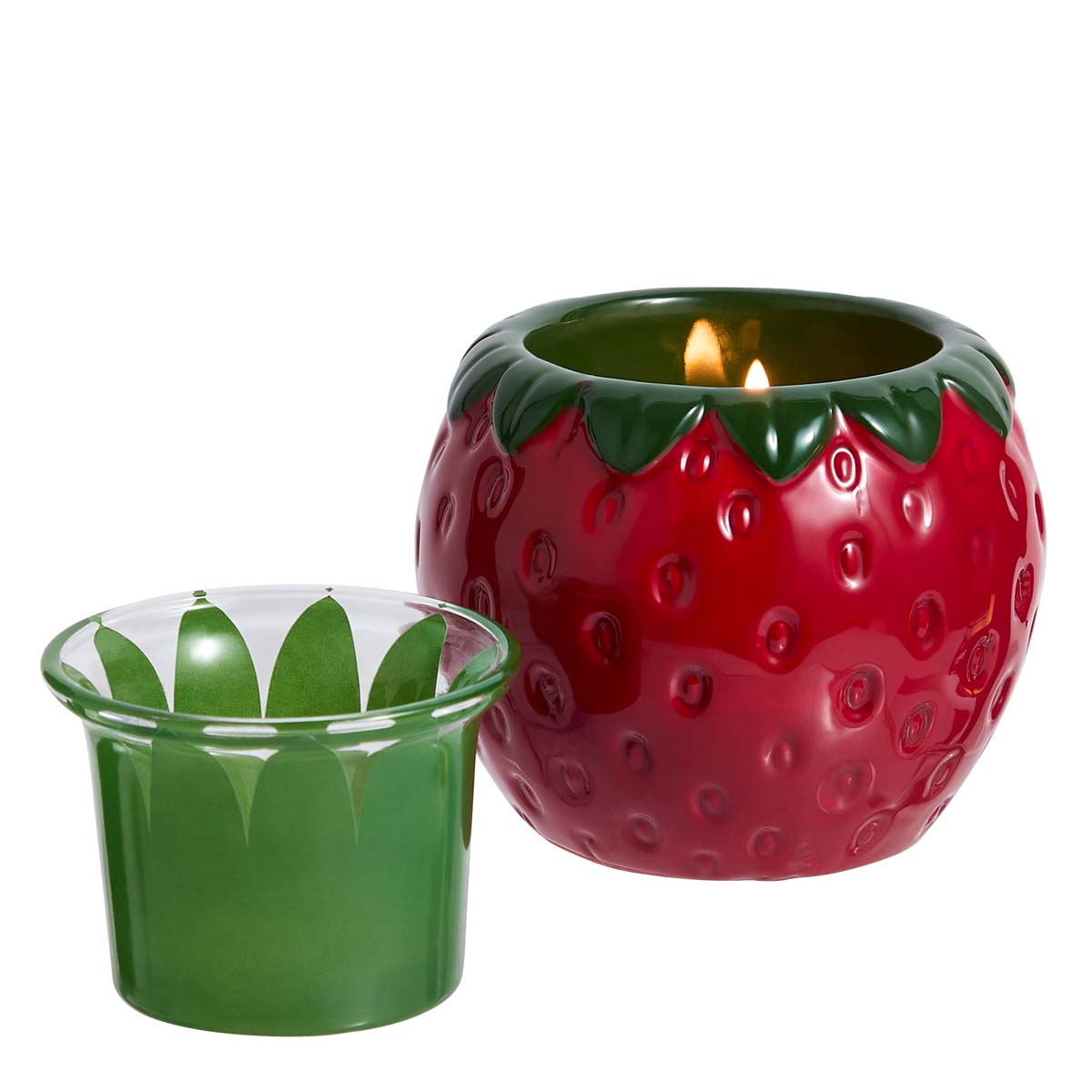 Strawberry Tealight/Votive Holder against a white background.
