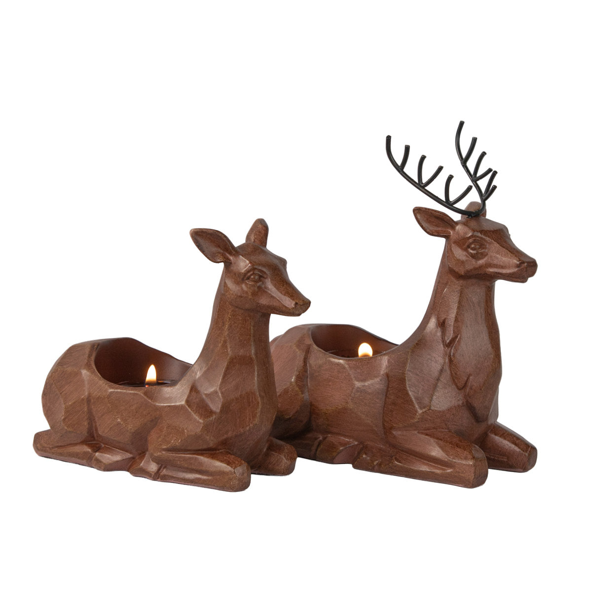 Carved Deer Tealight Holder Pair against a white background