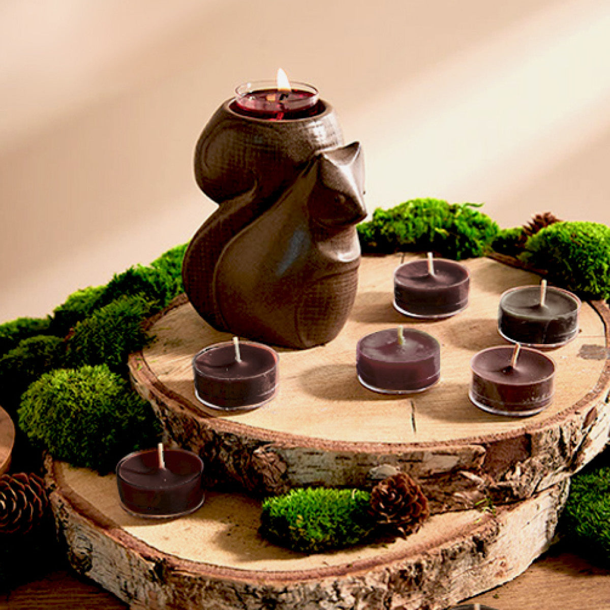 Decorative candle holder with Fireside Hinoki Tealights on a wooden base surrounded by moss and pine cones.