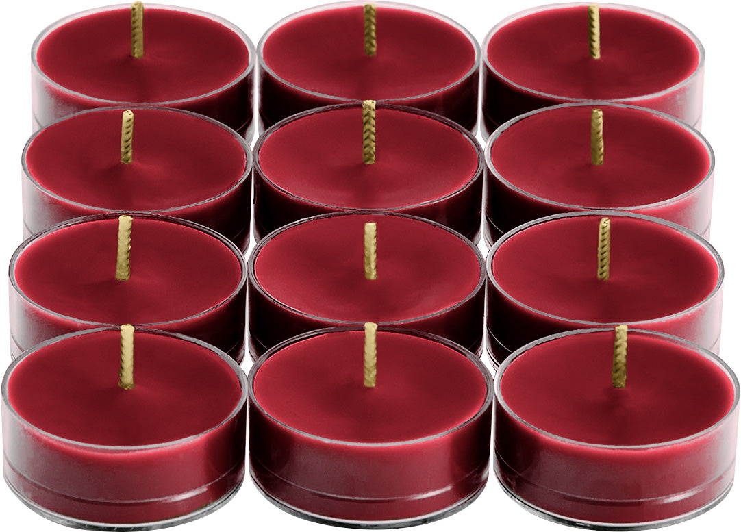 Twelve Bourbon Cherry Tealights against a white background.