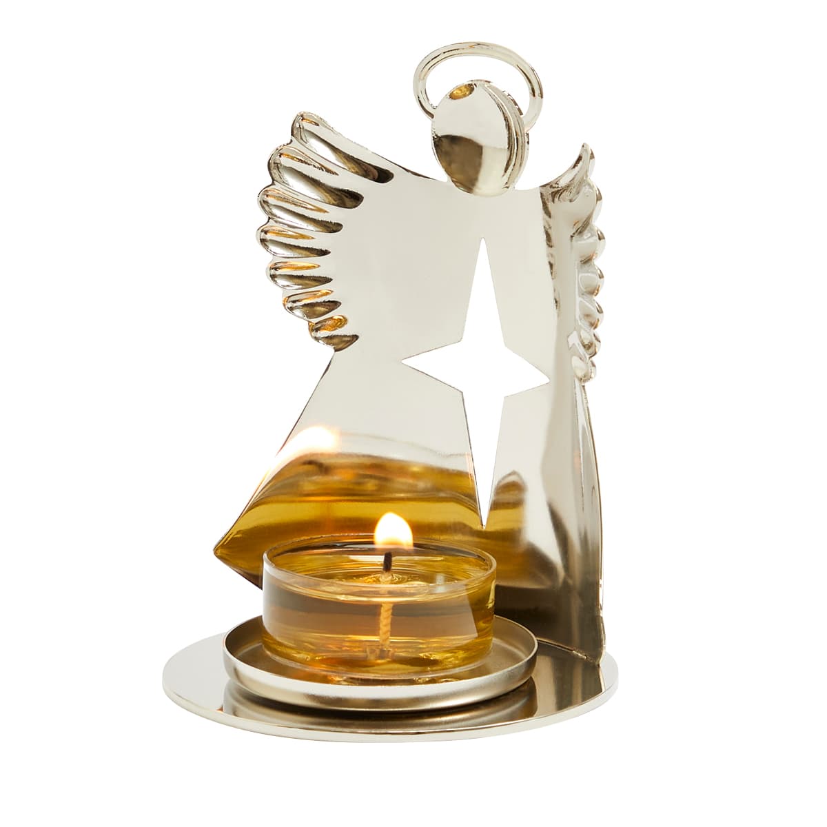 Star Angel Tealight/Votive Holder,  polished silver-tone  holder with a lit tealight, against a white background.