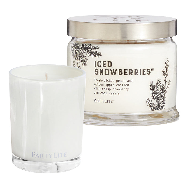 Iced Snowberries 3-wick jar candle shown with the Iced Snowberries Escential jar candle against a white background.