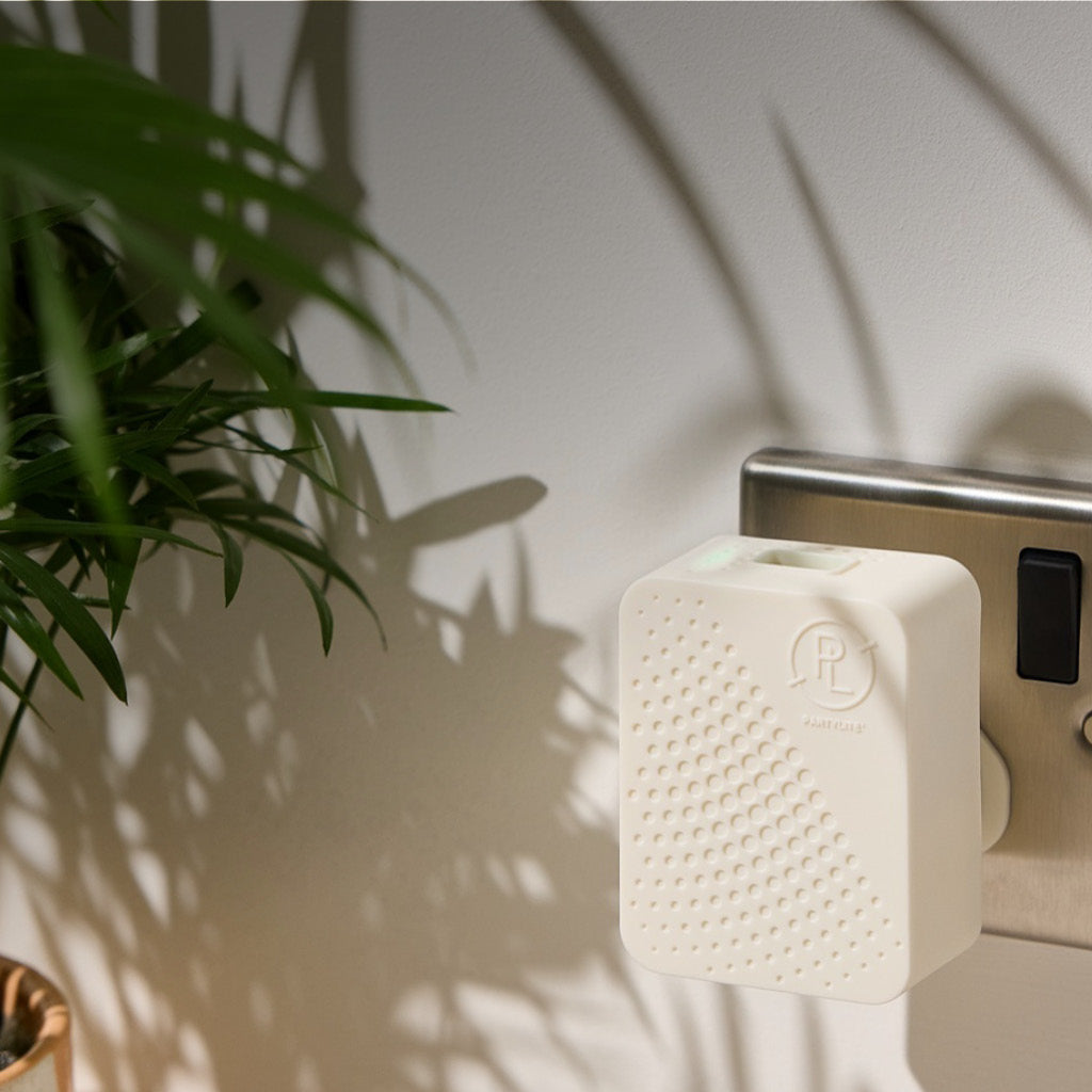 Smart Plugin shown in a plug socket with a light background next to a house plant